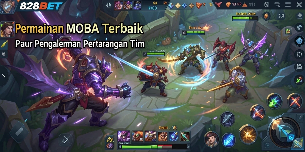 Tangkapan layar utama 828BET menampilkan aksi seru pertarungan tim MOBA.