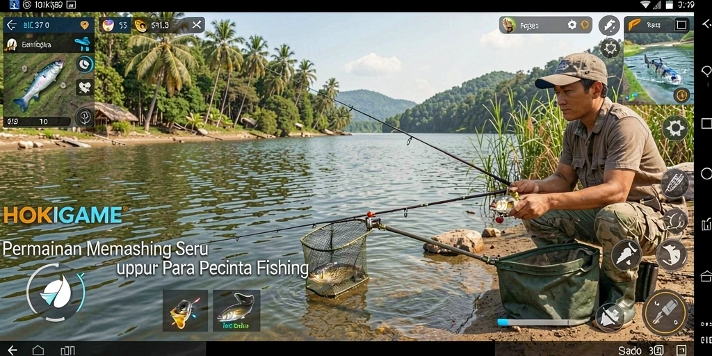 Gameplay HOKIGAME yang menampilkan aksi memancing seru.