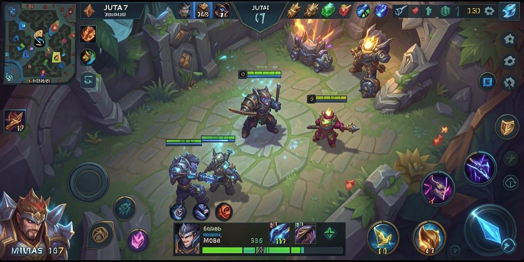 Screenshot menunjukkan momen aksi seru dalam gameplay MOBA JUTA7.