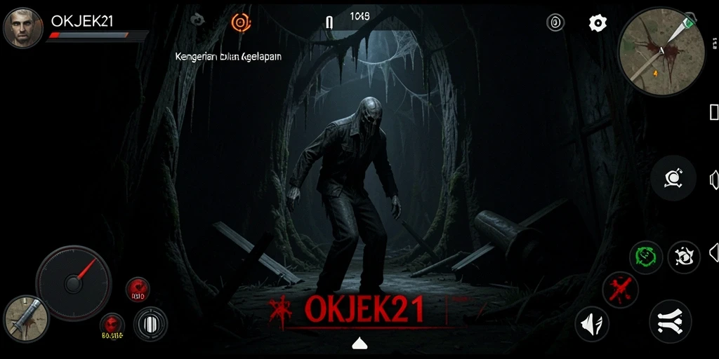 Screenshot gameplay OKJEK21 menampilkan suasana horor yang mencekam.