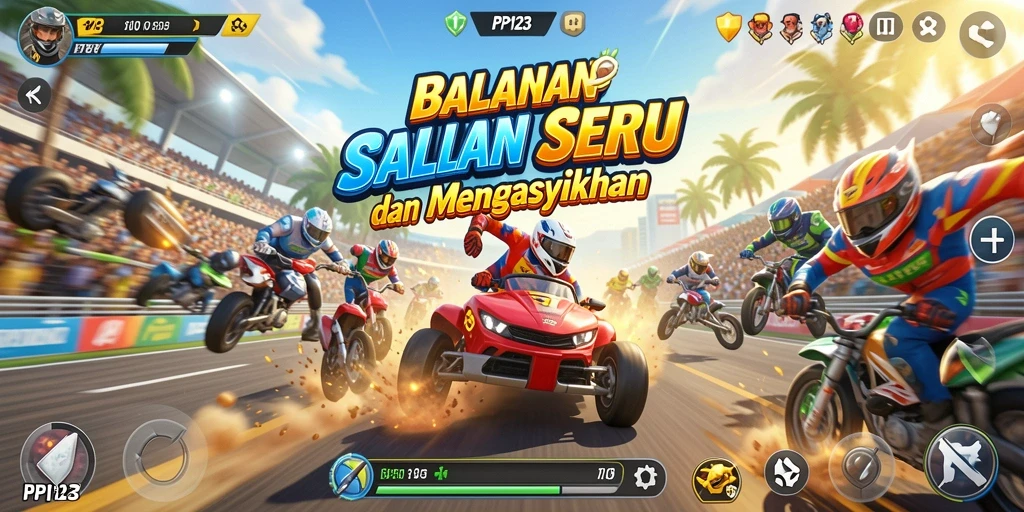 Screenshot utama PP123 menampilkan action balapan yang mendebarkan.